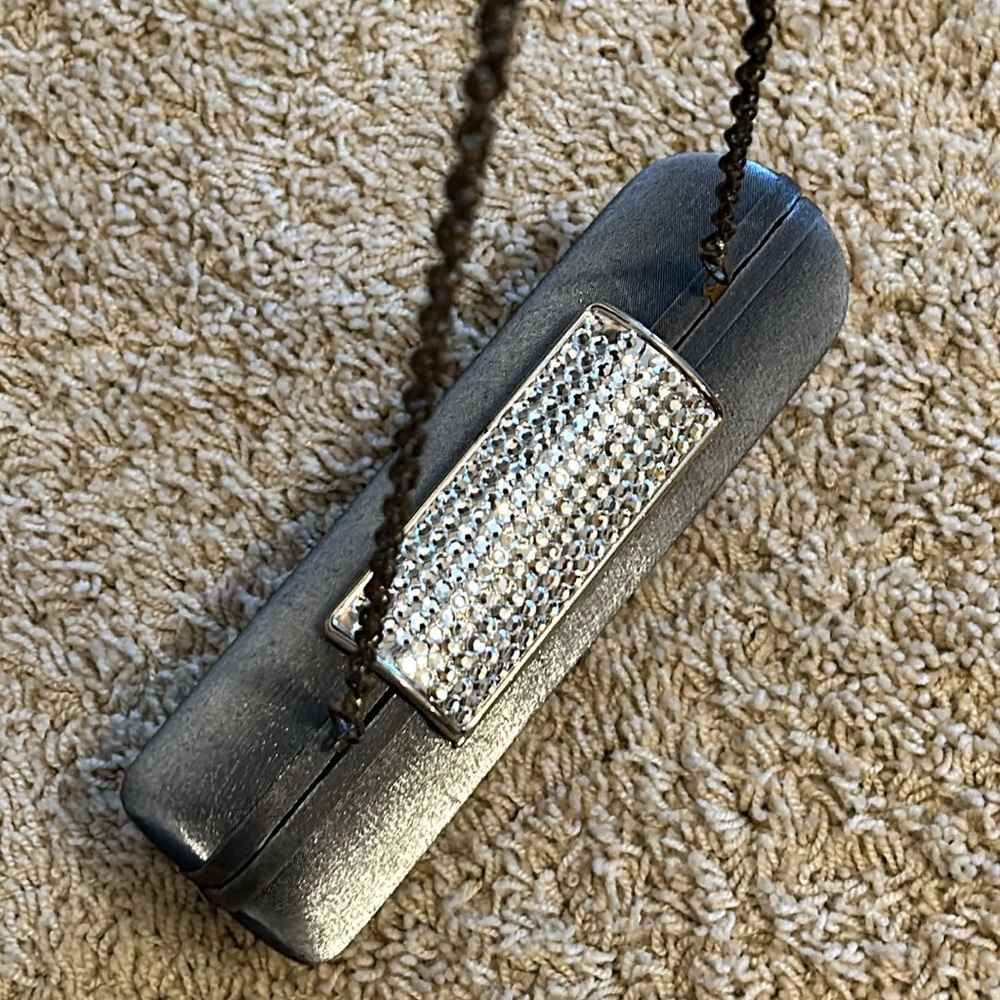 Vintage rhinestone silver velvet steel clutch shoulder bag - Picture 3 of 9
